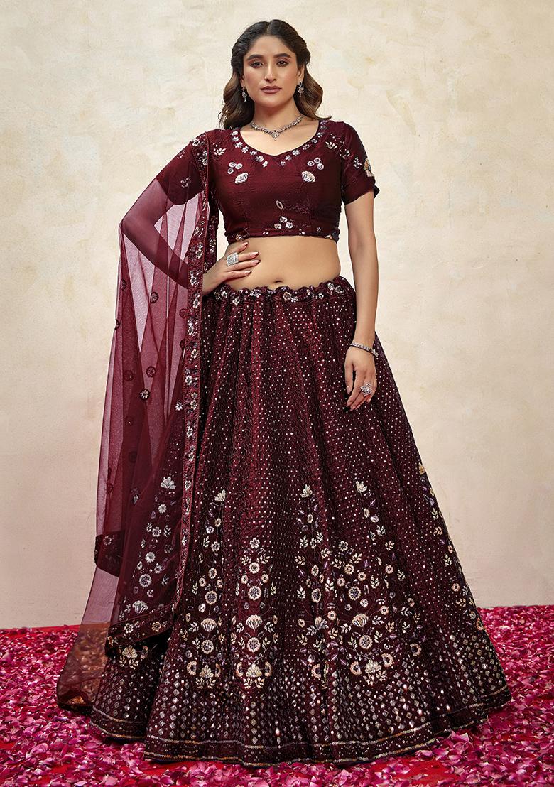 Maroon Sequin Embroidered Silk Lehenga Set