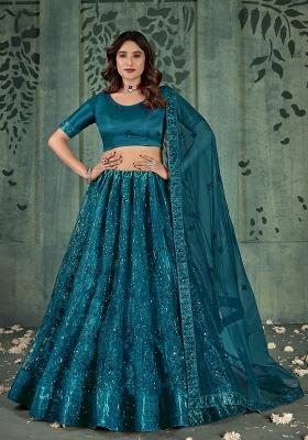 Teal Blue Sequin Embroidered Net Lehenga Set