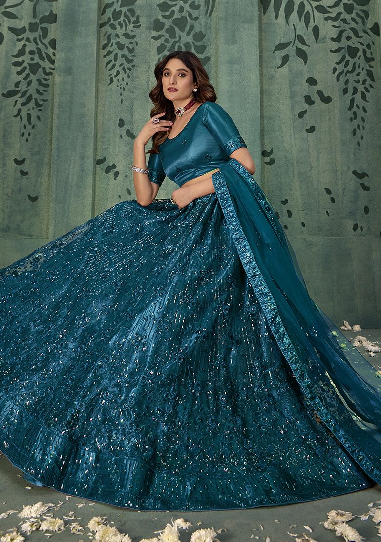 Teal Blue Sequin Embroidered Net Lehenga Set