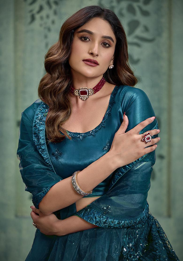 Teal Blue Sequin Embroidered Net Lehenga Set