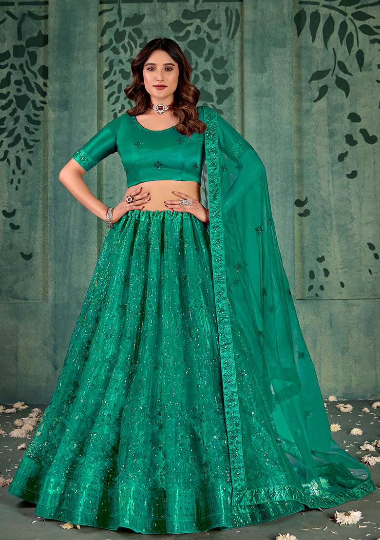 Green Sequin Embroidered Net Lehenga Set - Indya
