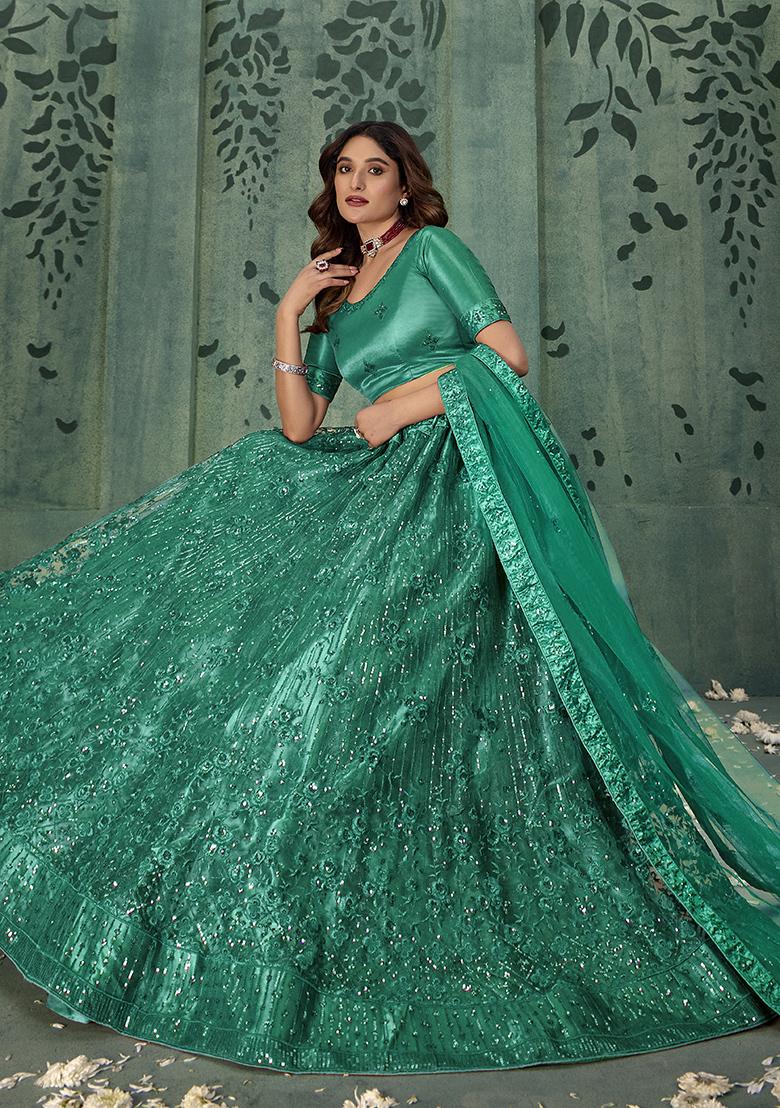 Green Sequin Embroidered Net Lehenga Set
