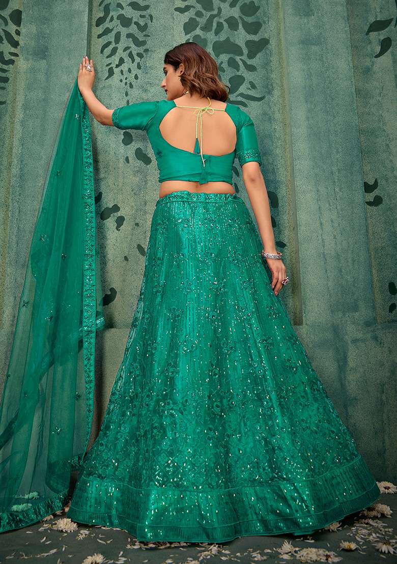 Green Sequin Embroidered Net Lehenga Set - Indya
