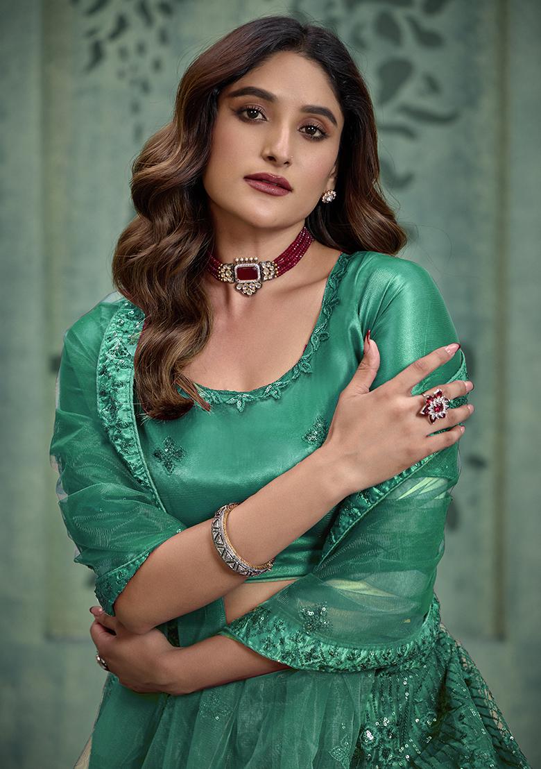 Green Sequin Embroidered Net Lehenga Set