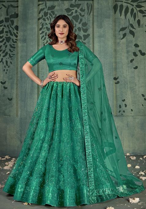 Green Sequin Embroidered Net Lehenga Set
