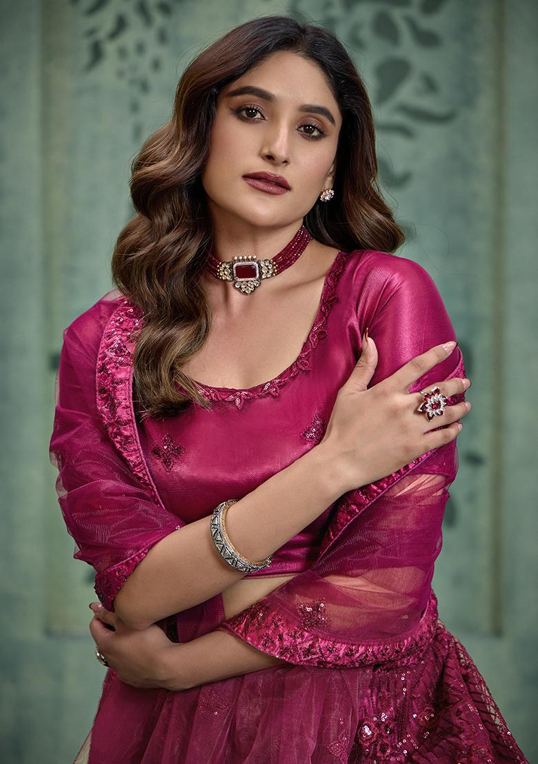 Magenta Sequin Embroidered Net Lehenga Set