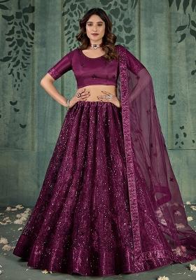 Wine Sequin Embroidered Net Lehenga Set