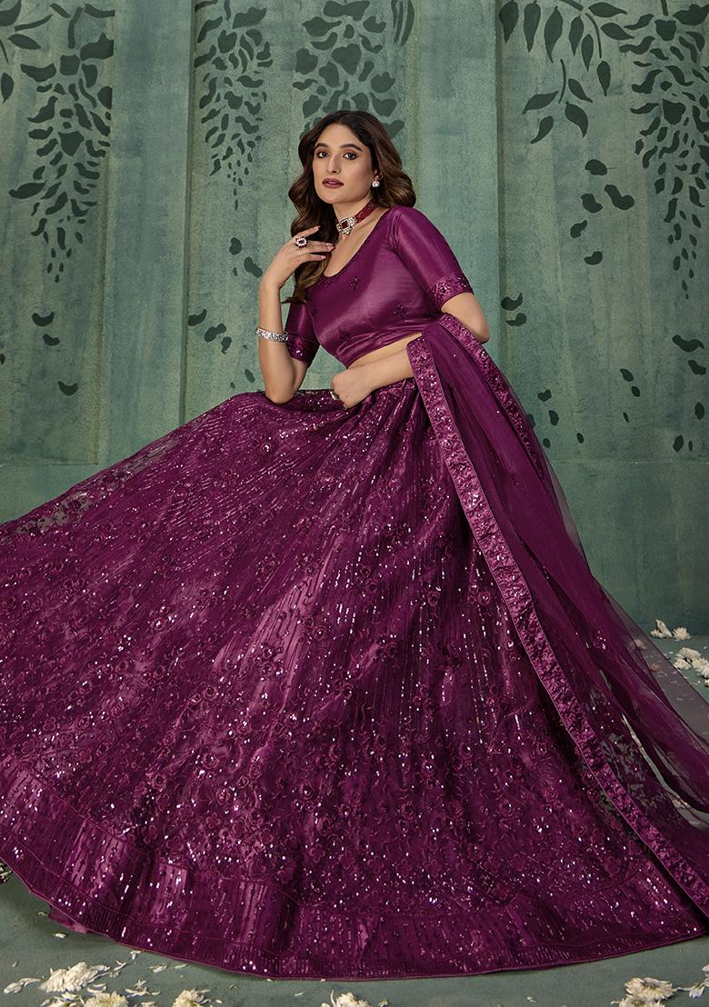 Wine Sequin Embroidered Net Lehenga Set