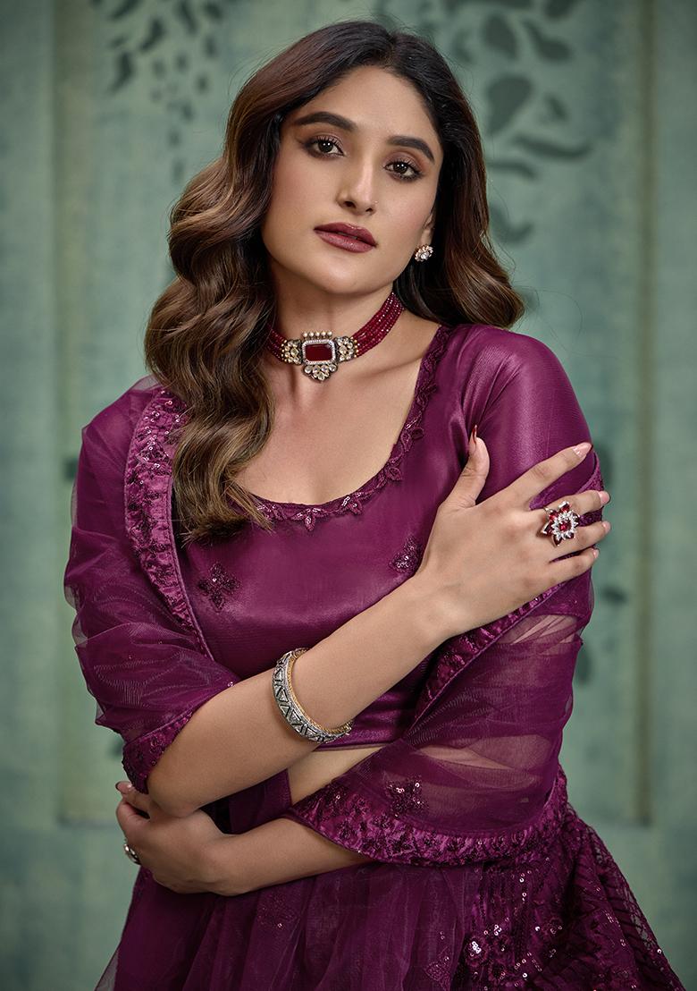 Wine Sequin Embroidered Net Lehenga Set