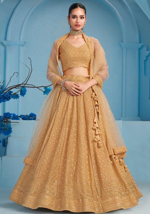 Beige Sequin Embroidered Georgette Lehenga Set 