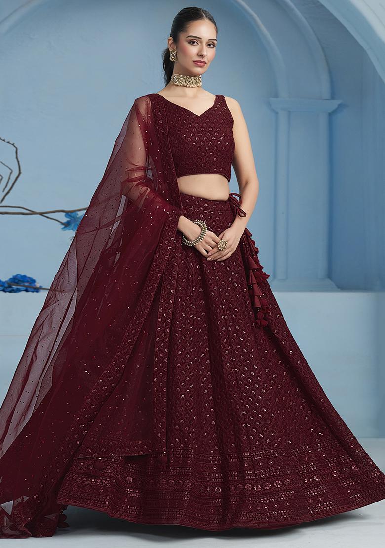 Maroon Sequin Embroidered Georgette Lehenga Set 