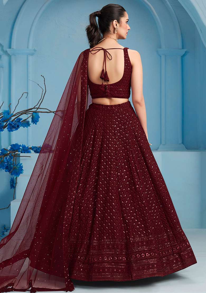 Maroon Georgette Lehenga Set with Embroidered & Sequin for Diwali | Wedding & Festive Wear - Indya