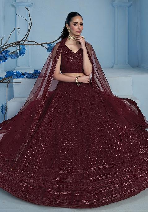 Maroon Georgette Jacquard Lehenga Embroidered Blouse & Handwork Dupatta Ensemble main image 0