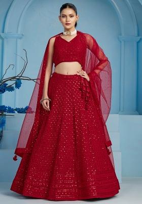 Red Sequin Embroidered Georgette Lehenga Set 