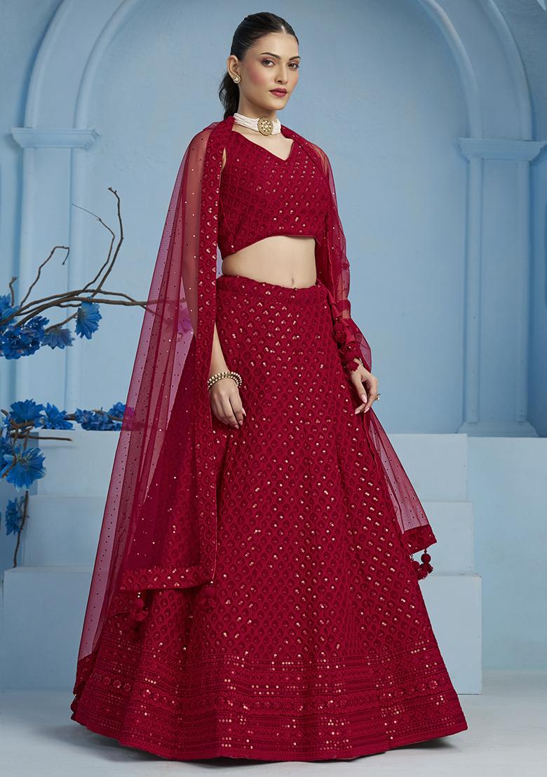 Red Sequin Embroidered Georgette Lehenga Set 
