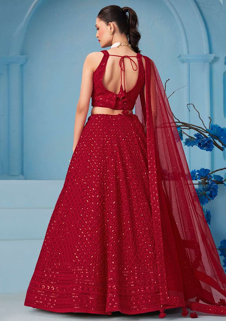 Red Sequin Embroidered Georgette Lehenga Set for Diwali and Festive Wear - Indya