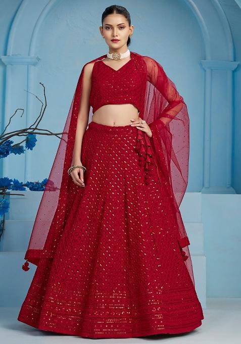 Red Sequin Embroidered Georgette Lehenga Set 