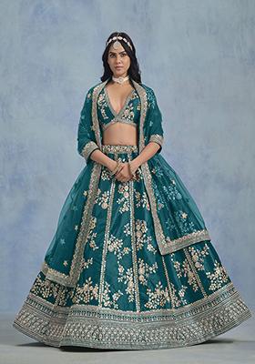 Teal Blue Embroidered Art Silk Lehenga Set With Dupatta
