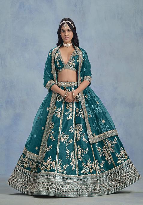 Teal Blue Embroidered Art Silk Lehenga Set With Dupatta
