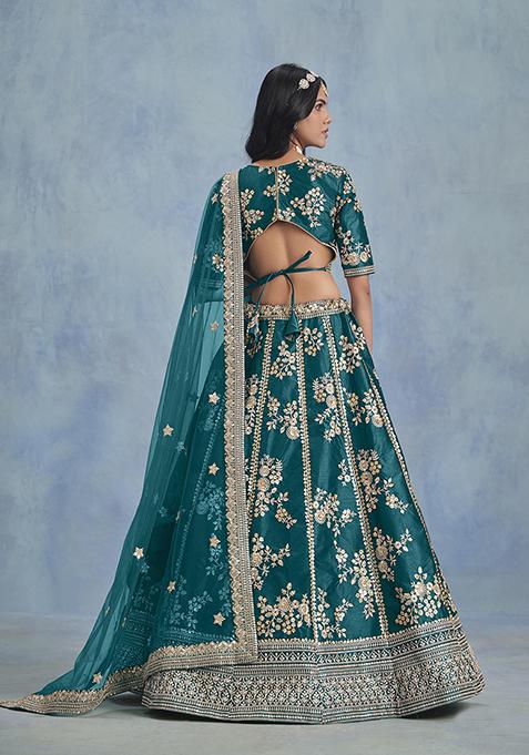 Teal Blue Embroidered Art Silk Lehenga Set With Dupatta