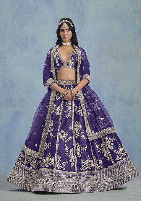 Purple Embroidered Art Silk Lehenga Set With Dupatta