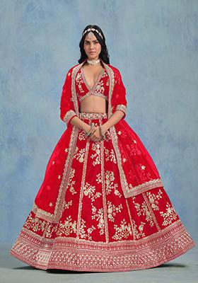 Red Embroidered Art Silk Lehenga Set With Dupatta