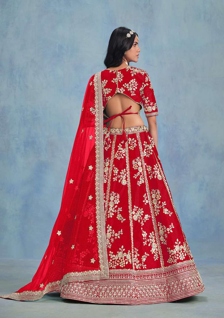Red Blend With Dupatta Art Silk Lehenga Set with Embroidered for Diwali | Wedding & Festive Wear - Indya