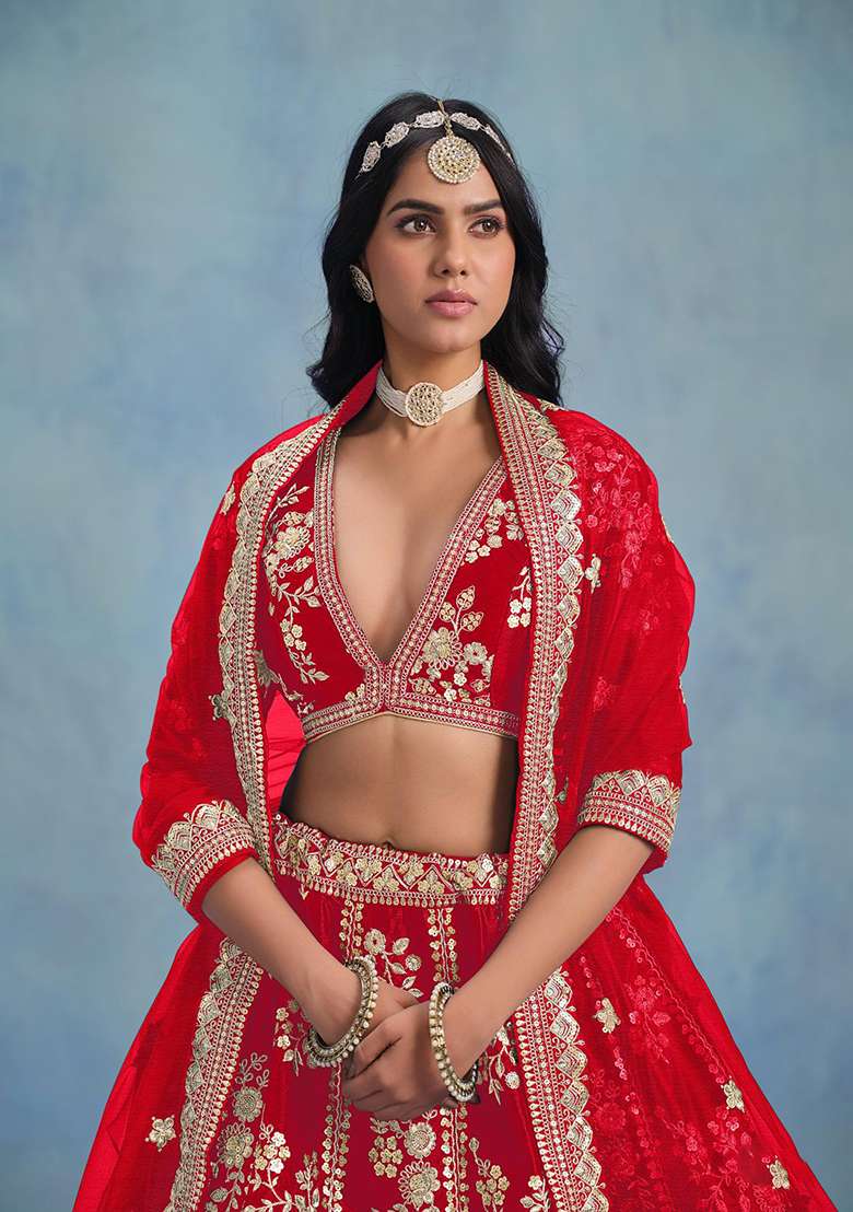 Red Blend With Dupatta Art Silk Lehenga Set with Embroidered for Diwali | Wedding & Festive Wear - Indya