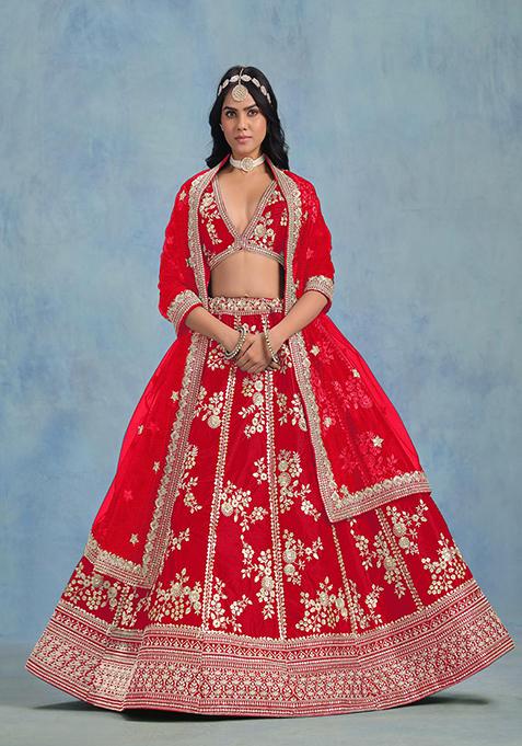 Red Embroidered Art Silk Lehenga Set With Dupatta