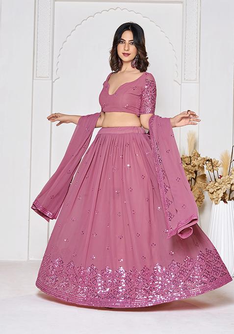 Pink Embroidered Crepe Lehenga Set