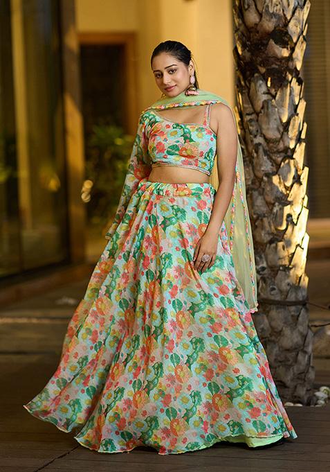 Sea Green Printed Crepe Lehenga Set