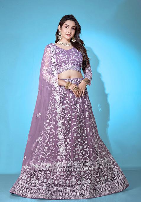 Purple Embroidered Art Silk Lehenga Set