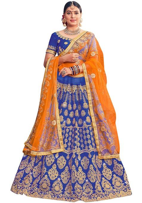 Blue Embroidered Silk Lehenga Set