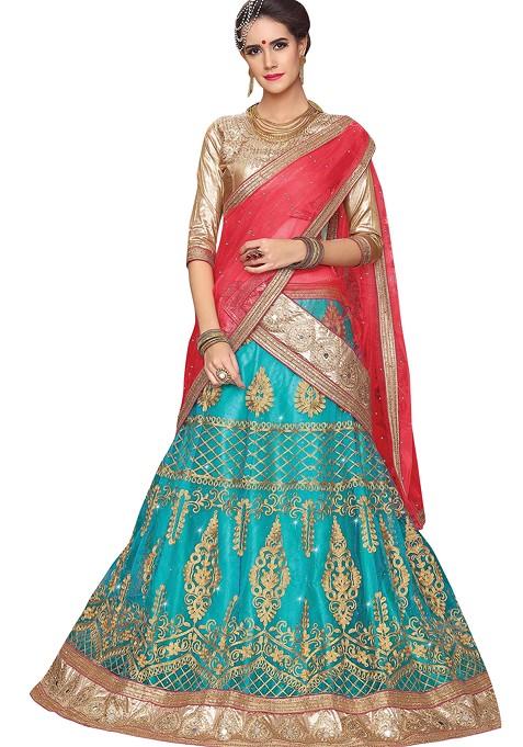 Sky Blue Embroidered Net Lehenga Set