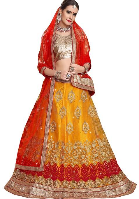 Yellow Embroidered Net Lehenga Set