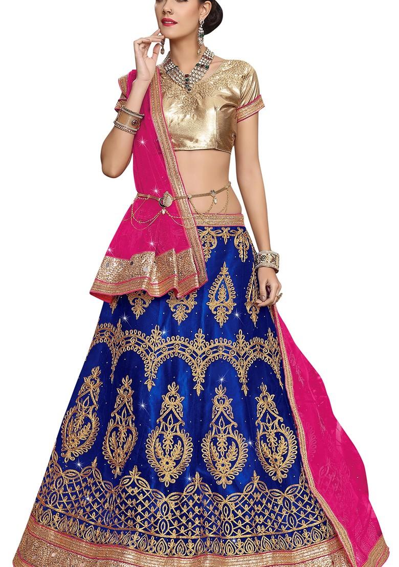 Blue Embroidered Net Lehenga Set - Indya