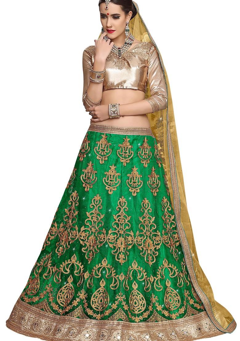 Green Embroidered Net Lehenga Set