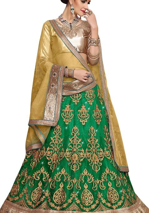 Green Embroidered Net Lehenga Set