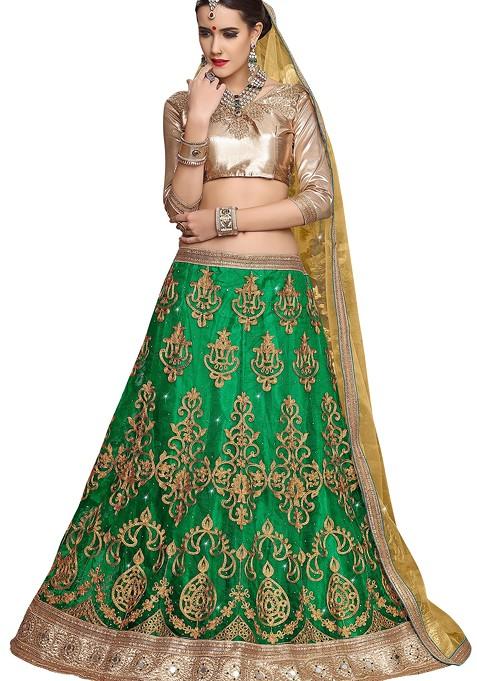 Green Embroidered Net Lehenga Set