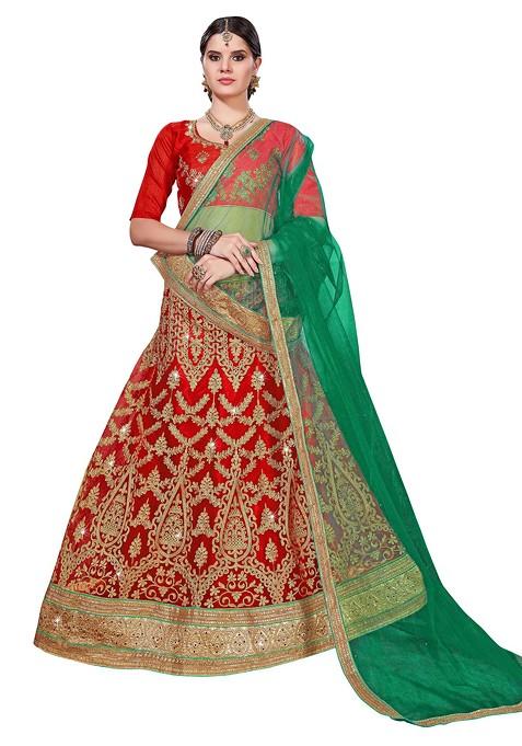 Red Embroidered Net Lehenga Set