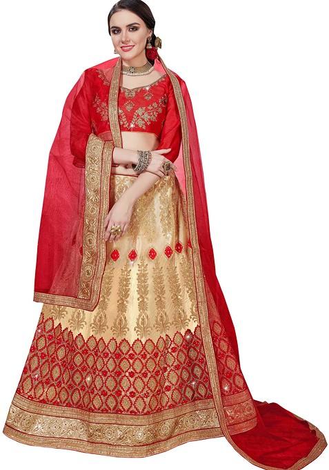 Beige Embroidered Net Lehenga Set