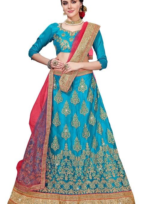 Sky Blue Embroidered Net Lehenga Set