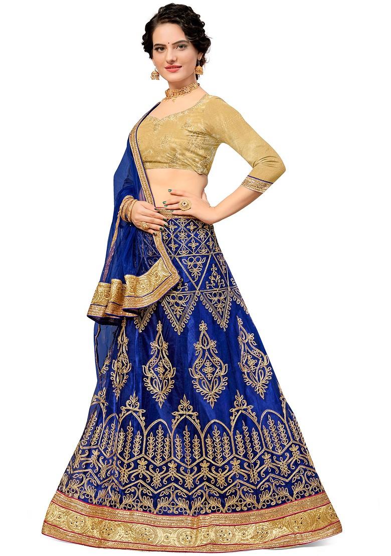 Blue Embroidered Net Lehenga Set - Indya