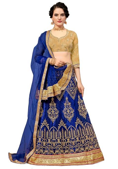 Blue Embroidered Net Lehenga Set