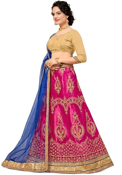Pink Embroidered Net Lehenga Set