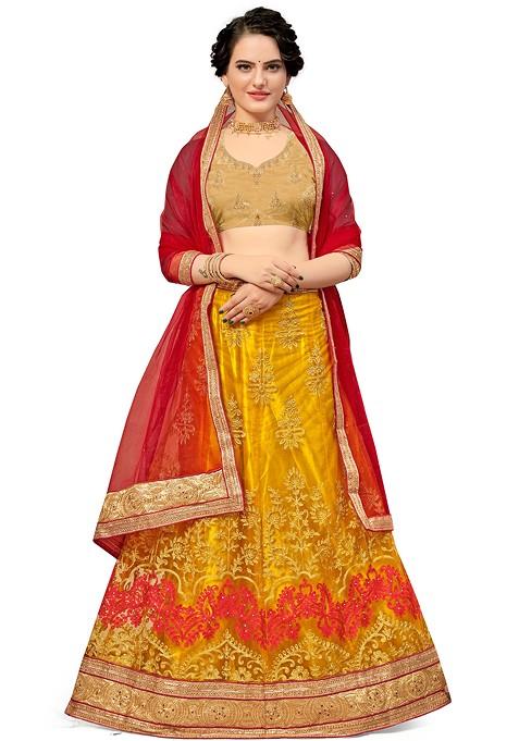 Yellow Embroidered Net Lehenga Set