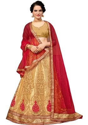 Beige Embroidered Net Lehenga Set