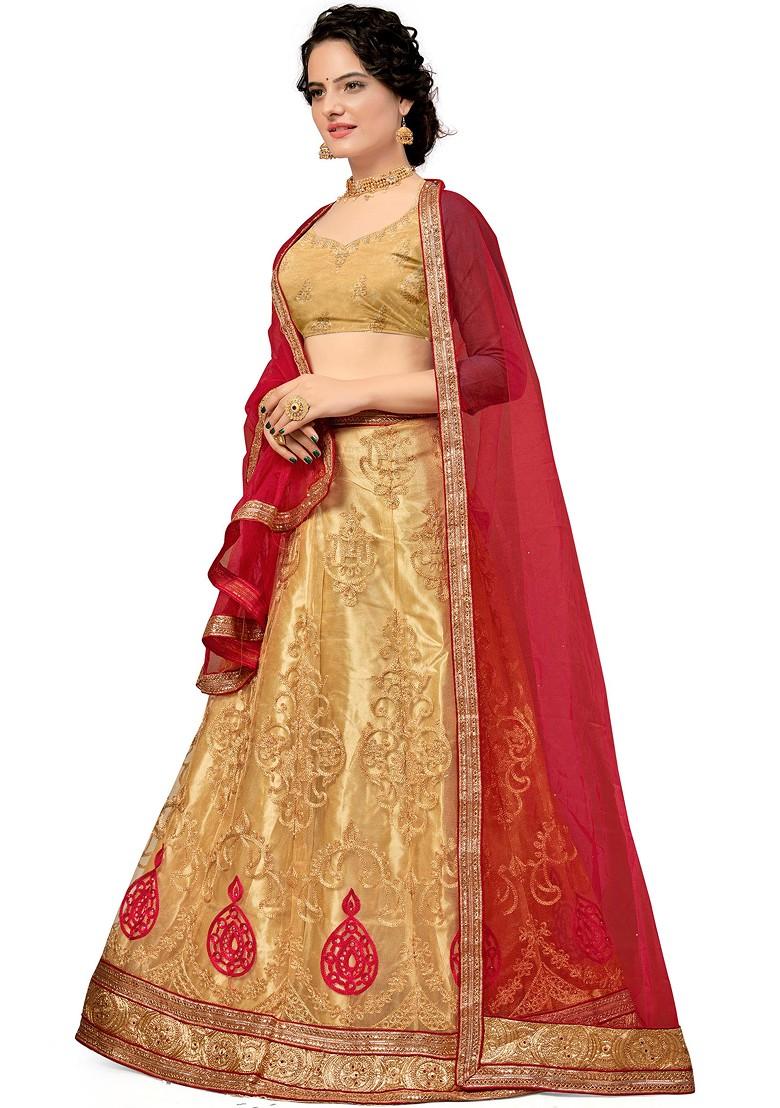 Beige Embroidered Net Lehenga Set - Indya