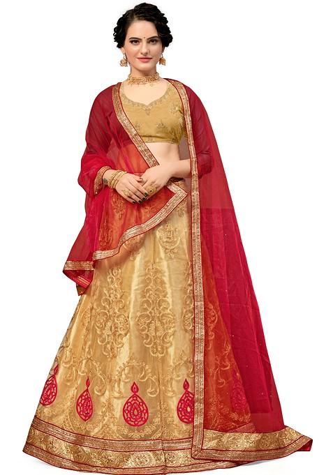 Beige Embroidered Net Lehenga Set