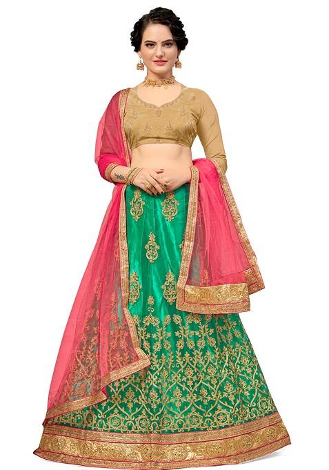 Green Embroidered Net Lehenga Set